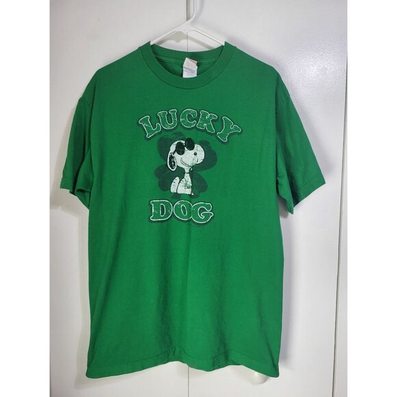 PEANUTS Lucky Dog Snoopy Green Graphic T Shirt LG Irish Clover St. Patrick's Day - Picture 1 of 8